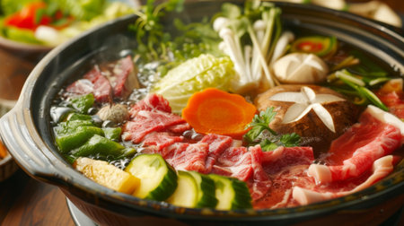 A beautifully arranged Shabu Shabu hot pot, with vibrant vegetables and slices of meat floating in the brothの素材