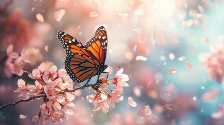 A butterfly on a blooming cherry blossom tree, with petals softly falling and creating a picturesque springtime imageの素材