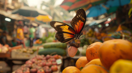 A butterfly landing on a piece of fruit in an outdoor market, blending the natural world with a human environmentの素材