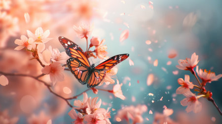 A butterfly on a blooming cherry blossom tree, with petals softly falling and creating a picturesque springtime imageの素材
