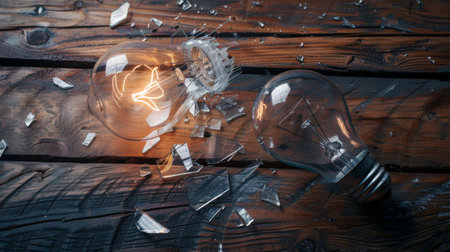 A broken light bulb lying on a wooden table, with glass shards scattered around, signifying fragility and cautionの素材