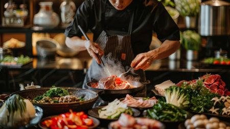 A chef preparing ingredients for a Shabu Shabu meal, with fresh vegetables and meats neatly arrangedの素材