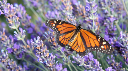 A butterfly on a lavender plant, with the purple flowers providing a stunning contrast to its wingsの素材