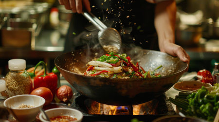 A chef preparing a traditional Thai dish, adding ingredients to a wok with an array of seasonings and sauces nearbyの素材