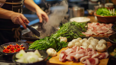 A chef preparing ingredients for a Shabu Shabu meal, with fresh vegetables and meats neatly arrangedの素材