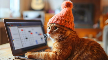 A cat wearing a tiny hat, sitting in front of a laptop, with the screen showing a calendar applicationの素材