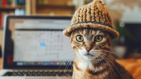 A cat wearing a tiny hat, sitting in front of a laptop, with the screen showing a calendar applicationの素材
