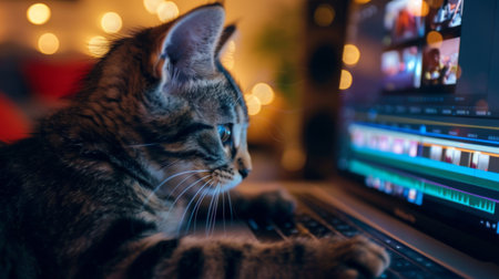 A cat with a paw on a laptop trackpad, while the screen shows a video editing software interfaceの素材