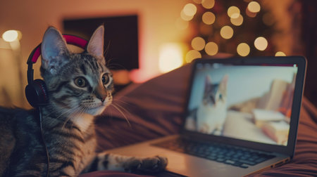 A cat wearing tiny headphones, seemingly engaged in a video call on a laptop, with a blurred background of a living roomの素材