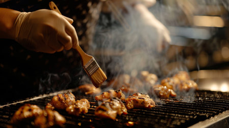 A chef brushing marinade onto chicken pieces on a hot grill, with the chicken sizzling and emitting steamの素材