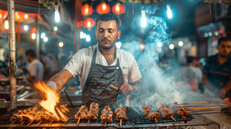 A chef grilling chicken skewers at a busy night market, with smoke and flames adding to the lively atmosphereの素材
