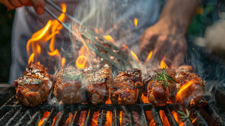 A chef grilling marinated pork neck on a barbecue, with smoke rising and flames licking the meatの素材