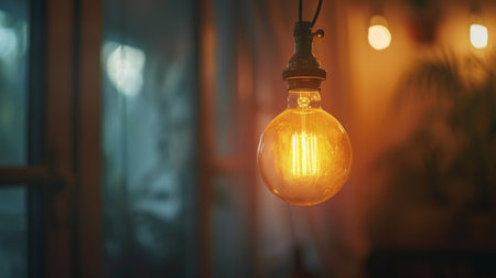 A close-up of a glowing incandescent light bulb hanging from a ceiling in a dimly lit room, creating a warm ambianceの素材