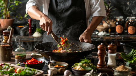 A chef preparing a traditional Thai dish, adding ingredients to a wok with an array of seasonings and sauces nearbyの素材