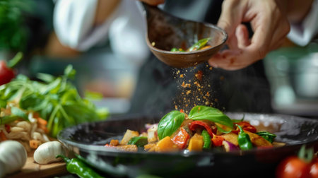A chef's hand sprinkling fresh Thai basil over a dish of spicy stir-fried vegetables, with various seasonings in the backgroundの素材