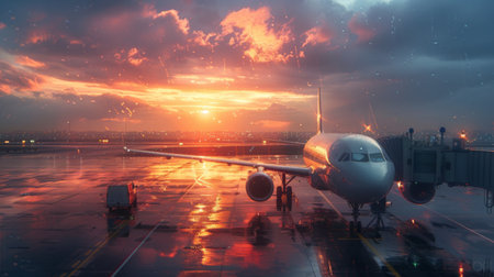 Airplane at sunrise in the terminal gate readyの素材
