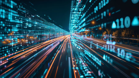 Digital data flow on road with motion blur to create vision of fast speed transferの素材