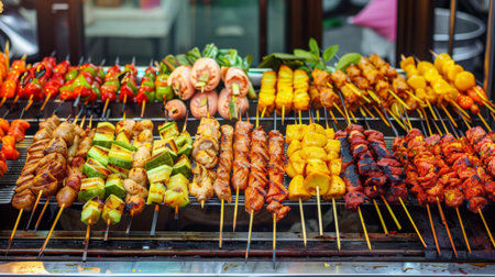 A colorful market stall displaying various types of grilled chicken skewers, ready for customers to enjoyの素材