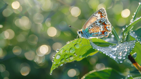 A delicate butterfly on a dewy morning leaf, with water droplets glistening in the early sunlightの素材