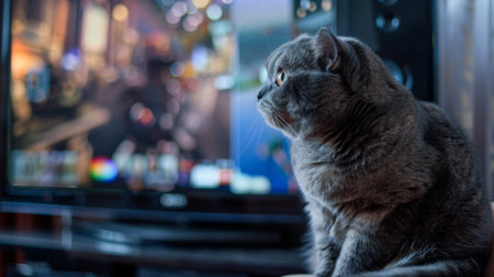 A Scottish Fold cat sitting on a shelf beside a TV, mesmerized by a fast-paced action movieの素材