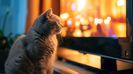 A Scottish Fold cat sitting on a shelf beside a TV, mesmerized by a fast-paced action movieの素材