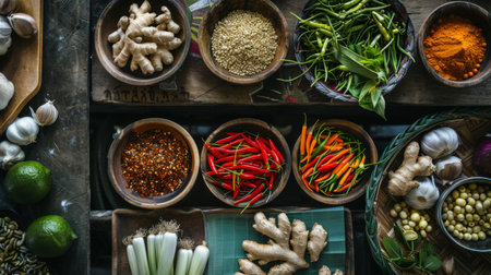 A top-down view of a Thai kitchen counter with neatly arranged bowls of garlic, ginger, chili peppers, and other essential seasoningsの素材