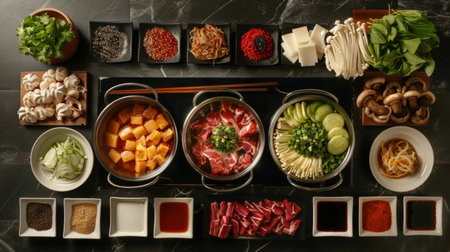 A top-down view of a Shabu Shabu table setup, complete with dipping sauces, fresh ingredients, and hot potsの素材