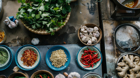 A top-down view of a Thai kitchen counter with neatly arranged bowls of garlic, ginger, chili peppers, and other essential seasoningsの素材