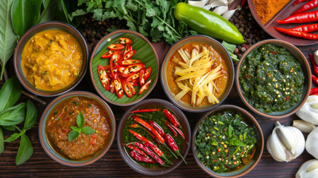 A variety of Thai curry pastes in bowls, including red, green, and yellow, displayed with fresh ingredients in the backgroundの素材