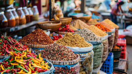 A traditional Thai market stall selling an assortment of spices, dried chilies, and seasoning pastes in vibrant colorsの素材