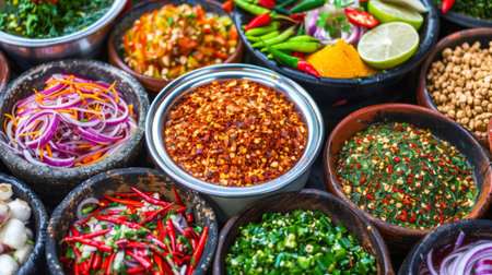 A vibrant scene of Thai street food, with various seasoning options like chili flakes, sugar, and vinegar on displayの素材