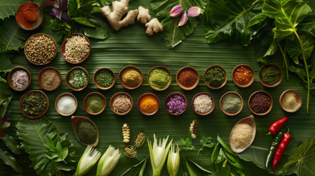 An assortment of Thai fresh herbs and spices laid out on banana leaves, showcasing the variety used in Thai cookingの素材