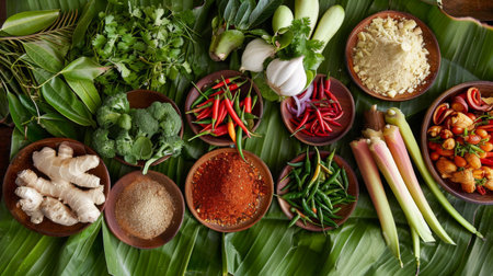 An assortment of Thai fresh herbs and spices laid out on banana leaves, showcasing the variety used in Thai cookingの素材