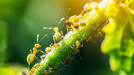 Ants harvesting honeydew from aphids on a plant stem, illustrating their symbiotic relationshipsの素材