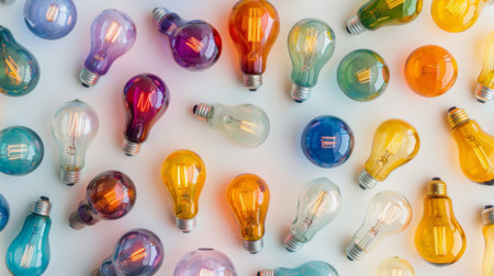 An array of colorful light bulbs against a white background, highlighting variety and creativityの素材