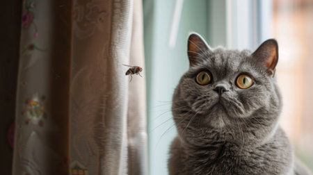 An overweight British Shorthair cat watching a fly on a curtain, eyes wide with anticipationの素材