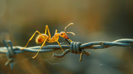 An ant walking along a barbed wire fence, juxtaposing nature with human-made structuresの素材