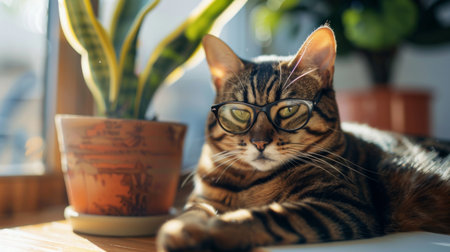 An overweight American Shorthair cat with tiny glasses, lying on a desk beside a potted plantの素材