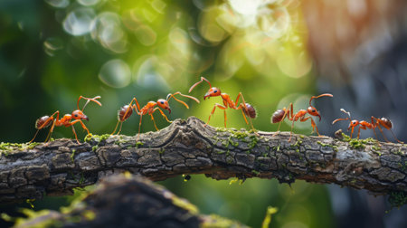 Ants interacting with each other on a log, possibly communicating or exchanging foodの素材