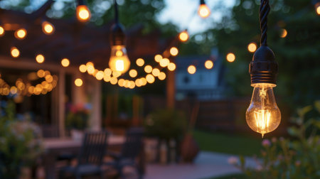 An outdoor patio with string lights featuring multiple light bulbs, creating a festive and inviting atmosphereの素材