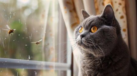 An overweight British Shorthair cat watching a fly on a curtain, eyes wide with anticipationの素材