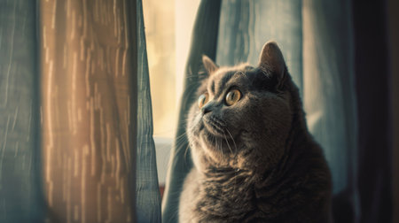An overweight British Shorthair cat watching a fly on a curtain, eyes wide with anticipationの素材