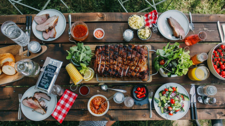Top-down view of a picnic table spread with grilled pork neck, salad, and condiments, ready for outdoor diningの素材