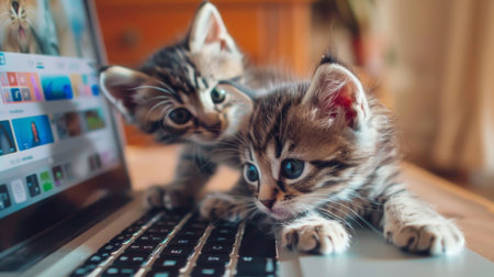 Two kittens playing around a laptop, one of them batting at the screen displaying a colorful websiteの素材