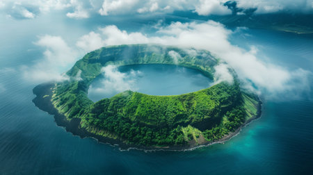 Aerial view of a volcanic island shrouded in mist and clouds, with the crater peeking through the dense foliage, a remote and mysterious paradiseの素材