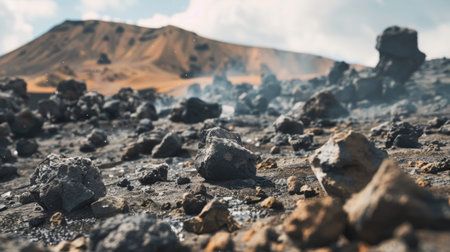 Close-up of volcanic rocks and boulders ejected during an eruption, scattered across the barren terrain surrounding the volcanoの素材