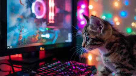 A playful kitten exploring a desktop setup, with its reflection visible on the glossy monitor screenの素材