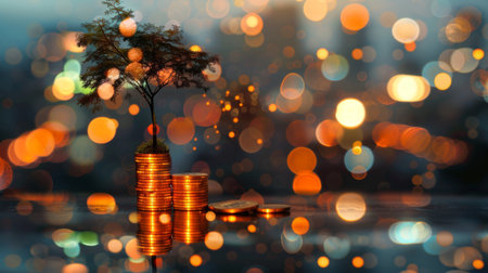 double exposure of golden coins stacks on table with tree growing on top and blur city nightの素材