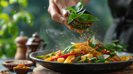 A chef's hand sprinkling fresh Thai basil over a dish of spicy stir-fried vegetables, with various seasonings in the backgroundの素材