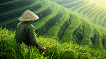 Farmer with a conical hat working in the rice fields, bending over rows of green stalks with practiced precision and careの素材